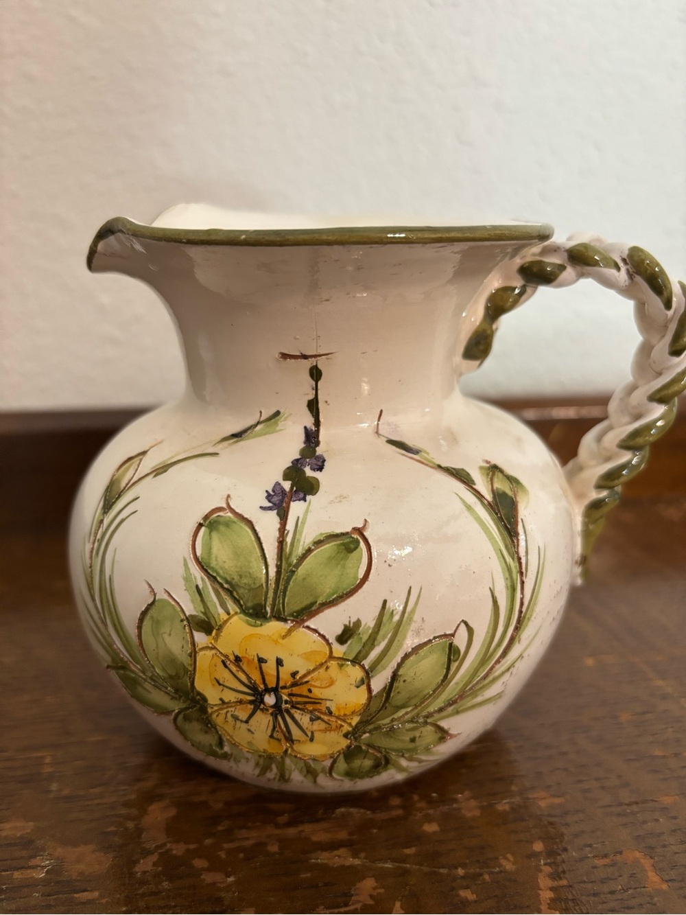 Vintage 60’s Hand-Painted Ceramic Flower Pitcher in Cream and Green Yellow